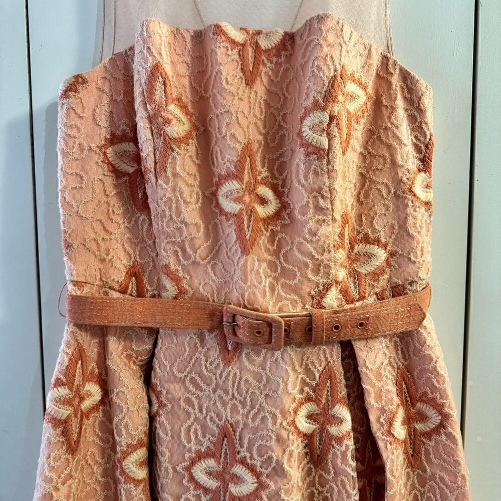 Anthropologie Eva Franco Peach Blossom Belted Dress A-line Embroidered Size 6 - Picture 6 of 13
